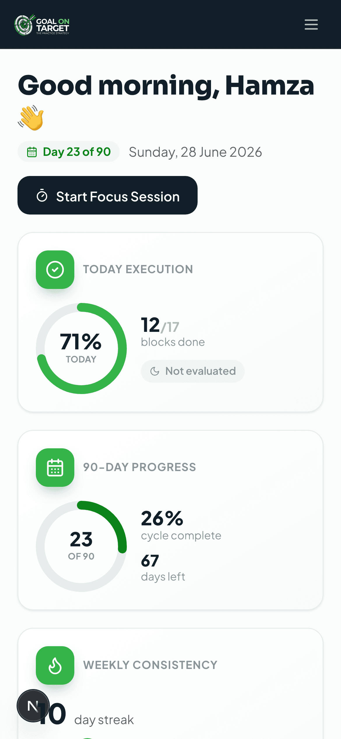 Goal On Target dashboard on mobile